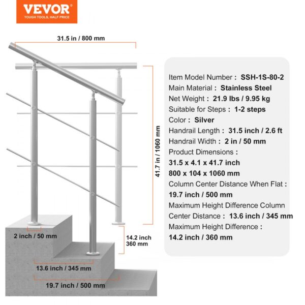 VEVOR 31.5in Handrails for Outdoor Steps 2 Crossbars Staircase for Porch Deck