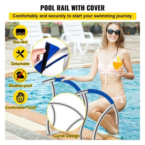 VEVOR pool handrail with cover, non-skid, detachable, weather-proof, curved design.