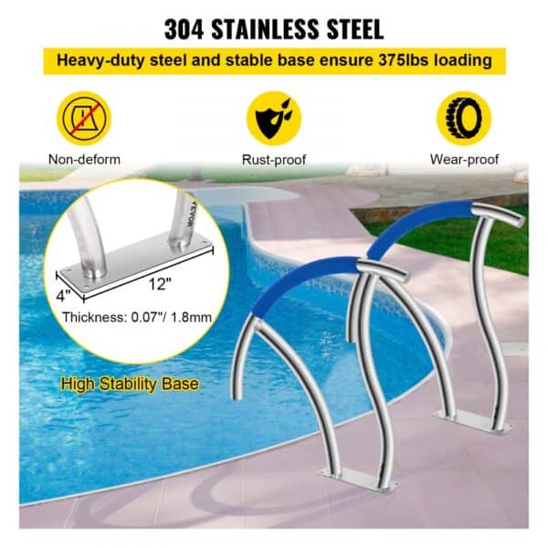 VEVOR pool handrail in 304 stainless steel by a clear blue pool, ensuring stability and durability.