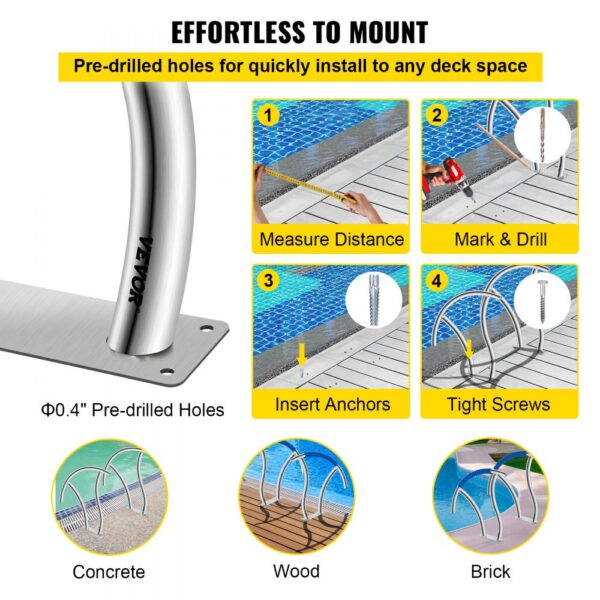 VEVOR pool handrail installation guide: measure, mark, drill, insert anchors, tighten screws.