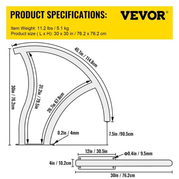 VEVOR pool handrail specifications: 45.1in length, 30in height, 11.2lbs weight.