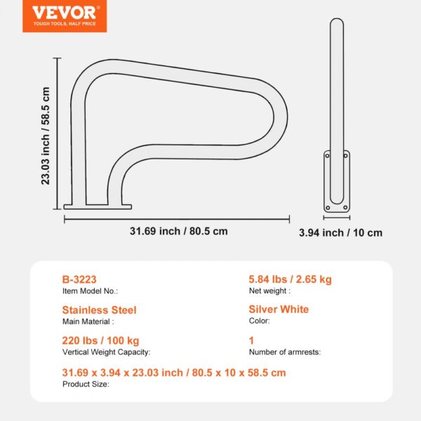 VEVOR Pool Handrail 32 x 23 inch Stainless Steel with Base Plate for Spas