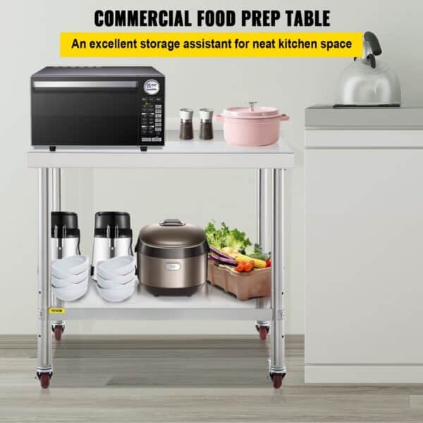 VEVOR stainless steel prep table with microwave, cookware, appliances, and vegetables.