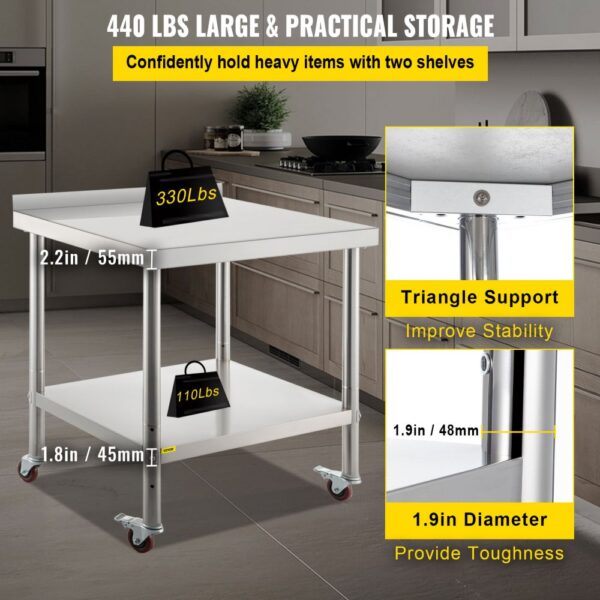 VEVOR stainless steel prep table with two shelves, 440 lbs capacity, triangle support.