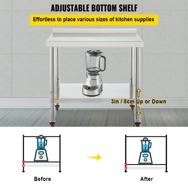 adjustable VEVOR stainless steel prep table with blender and bottom shelf measurements.