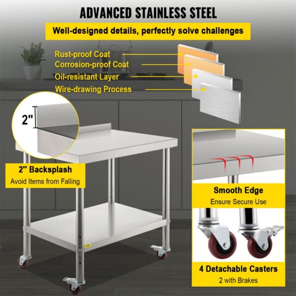 VEVOR stainless steel prep table with 2" backsplash, smooth edges, and detachable casters.