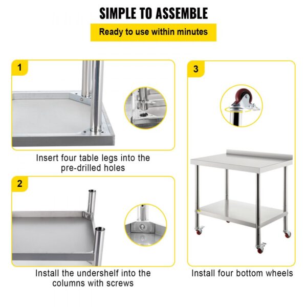 easy assembly steps for VEVOR stainless steel prep table with legs, undershelf, and wheels.