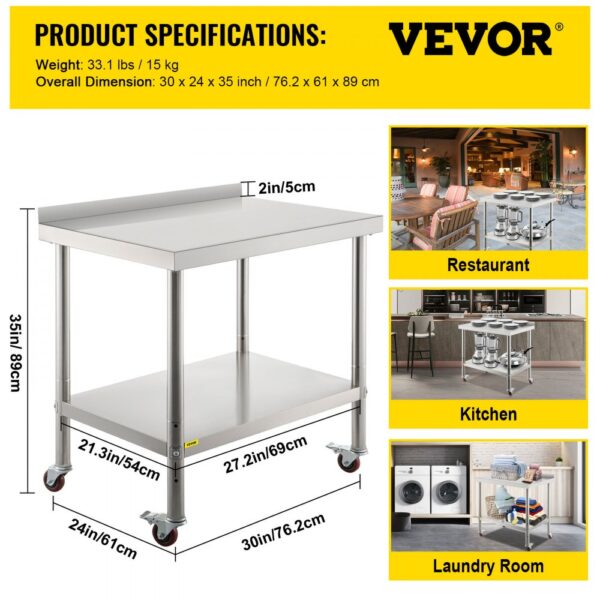 VEVOR stainless steel prep table with dimensions and multi-use images for restaurant, kitchen, laundry room.