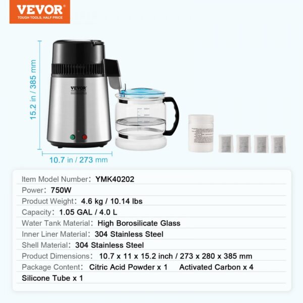 VEVOR 4L Water Distiller Purifier Machine Countertop Stainless Steel Interior