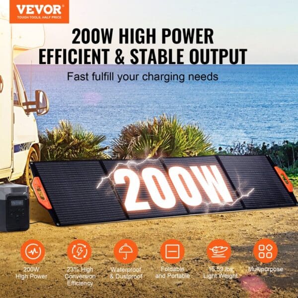 VEVOR solar panel at beachside campsite, featuring foldable 200w high power, portable, and waterproof.