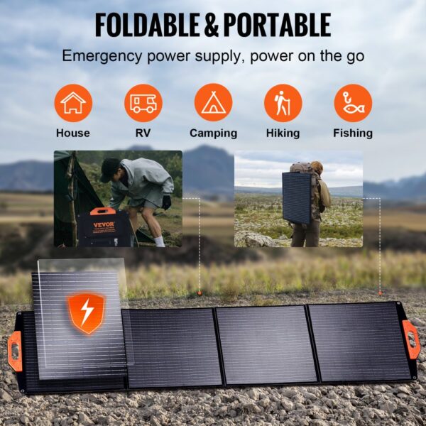 VEVOR solar panel displayed as foldable and portable for power needs in house, rv, camping, hiking, fishing.