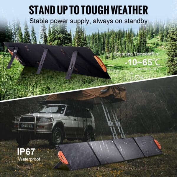VEVOR solar panel in a forest, waterproof and durable, operates from -10°c to 65°c, ip67 rated.