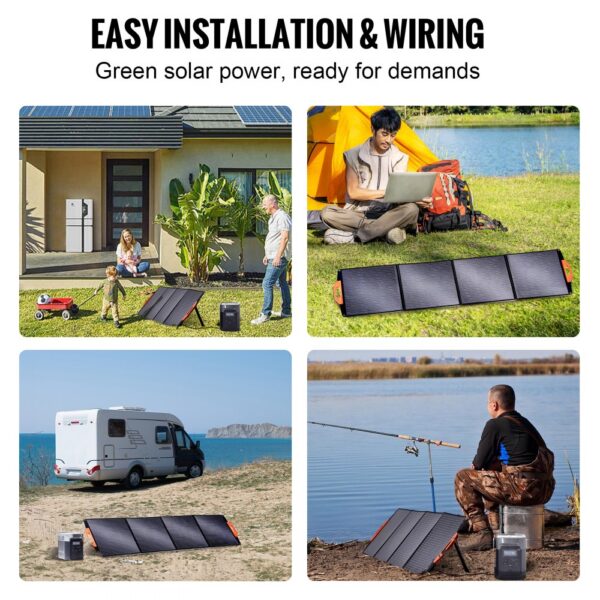 VEVOR solar panel used in various outdoor settings, showing its easy installation and portable design.