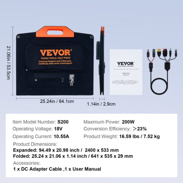 VEVOR solar panel s200, 18v, 200w, folded dimensions: 25.24x21.06x1.14 inches, accessories included.