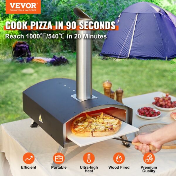 VEVOR outdoor oven, cooking pizza while camping, with a tent in the background. efficient and portable.