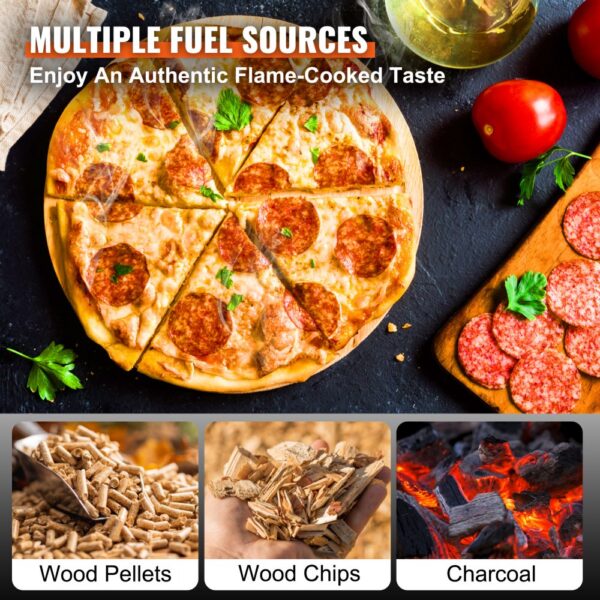 pepperoni pizza with VEVOR outdoor oven fuel options: wood pellets, wood chips, charcoal.