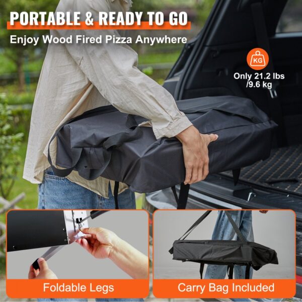 portable black VEVOR outdoor oven with carry bag and foldable legs for wood-fired pizza. weighs 21.2 lbs.