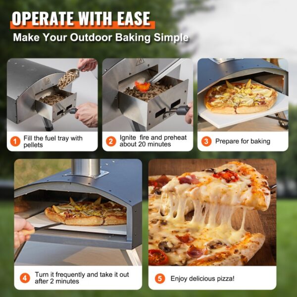 VEVOR outdoor oven steps: fill tray with pellets, ignite fire, prepare, turn pizza, enjoy delicious pizza.