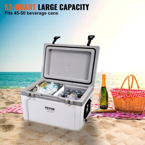 VEVOR Insulated Portable Cooler, 52 qt, Holds 50 Cans, Ice Retention Hard Cooler with Heavy Duty Handle, Ice Chest Lunch Box for Camping, Beach, Picnic, Travel, Outdoor, Keeps Ice for up to 6 Days