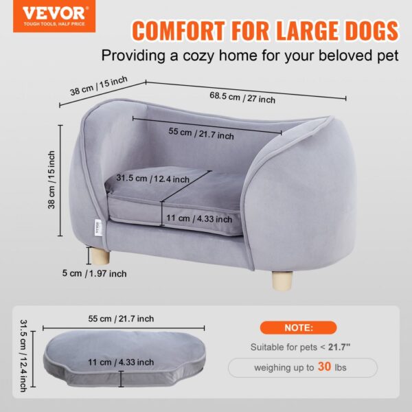 VEVOR pet sofa for large dogs with dimensions, providing a cozy home for pets up to 66 lbs.