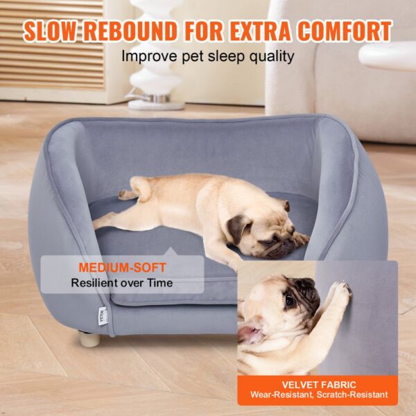 pug sleeping on medium-soft VEVOR pet sofa with velvet fabric, promoting extra comfort and sleep quality.