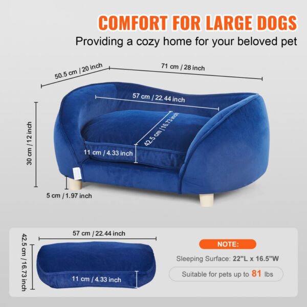 VEVOR dog sofa bed for large dogs in blue with dimensions and weight suitability up to 81 lbs.