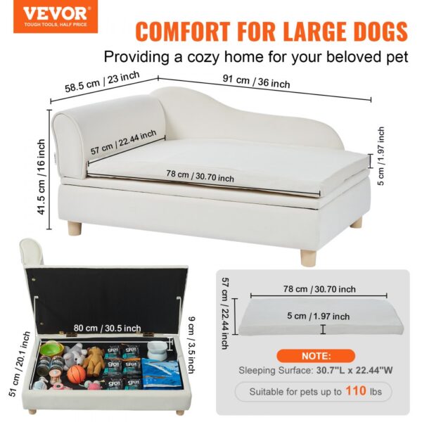 VEVOR pet sofa for large dogs, with measurements and a storage compartment for pet supplies.