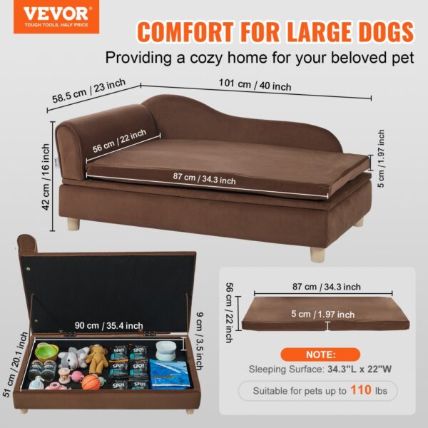 VEVOR dog sofa, brown with storage, dimensions labeled, suitable for pets up to 110 lbs.