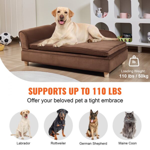 VEVOR dog sofa in brown, supports up to 110 lbs, suitable for labradors, rottweilers, and german shepherds.