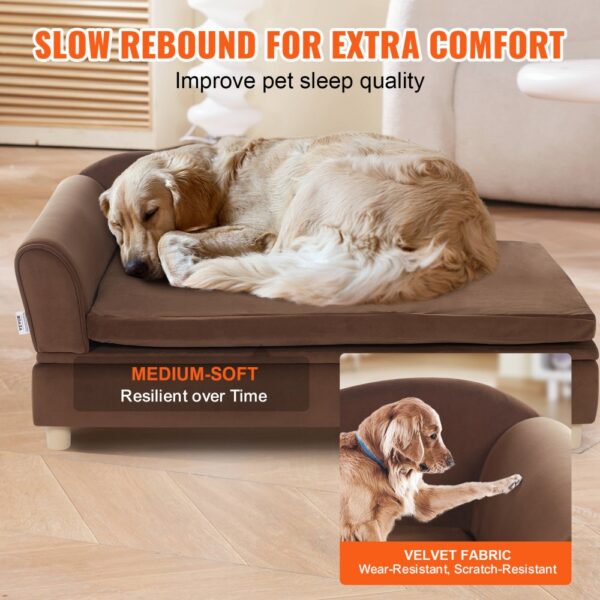 VEVOR dog sofa in velvet fabric with a medium-soft cushion, showcasing a sleeping golden retriever.