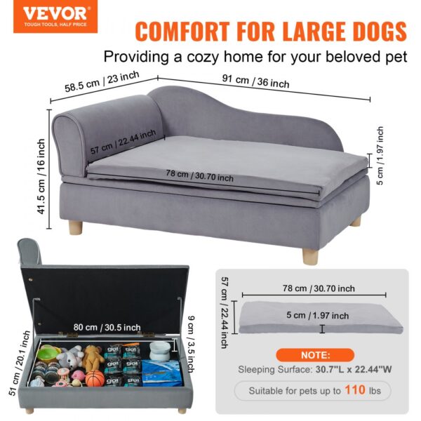 VEVOR dog sofa for large dogs with storage, dimensions, and suitability for pets up to 110 lbs.