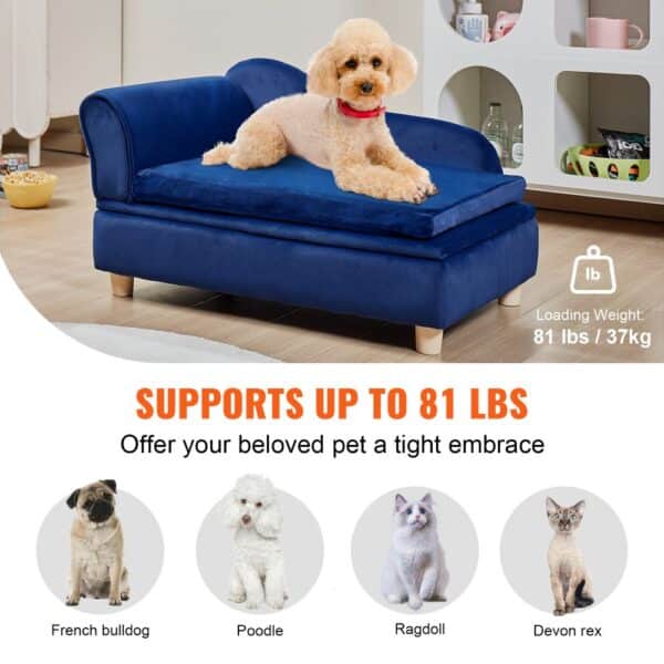 VEVOR pet sofa, blue velvet with a dog, supports up to 81 lbs. ideal for french bulldogs, poodles, and cats.