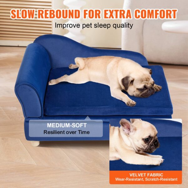 VEVOR pet sofa in blue with slow rebound foam, medium-soft cushion, and wear-resistant velvet fabric.