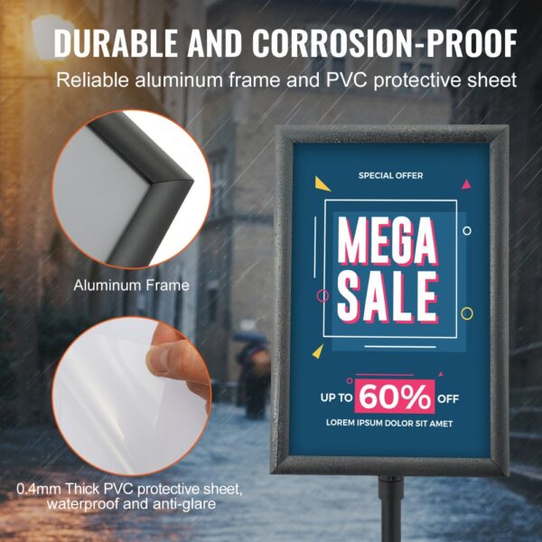 VEVOR pedestal sign holder with aluminum frame, pvc protective sheet, and "mega sale" text.