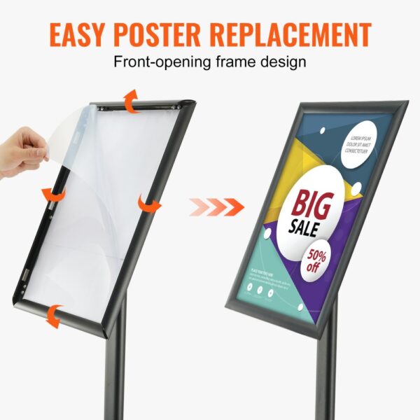 VEVOR pedestal sign holder with front-opening frame, easy poster replacement, displaying big sale.
