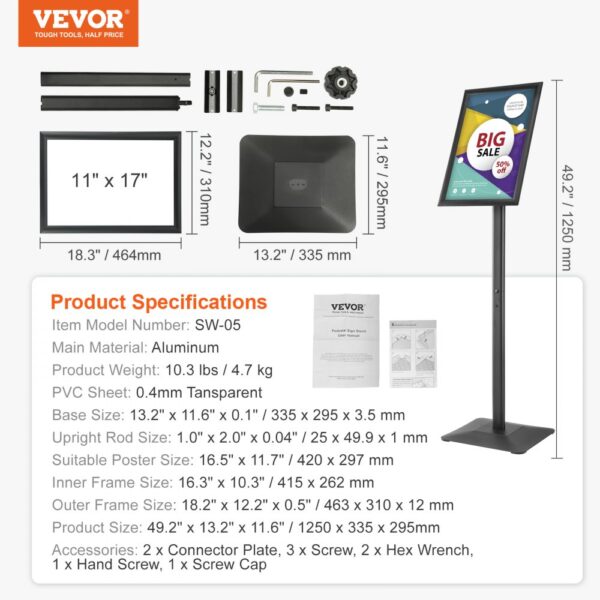VEVOR pedestal sign holder with adjustable stand, 11"x17" frame, and detailed product specifications.
