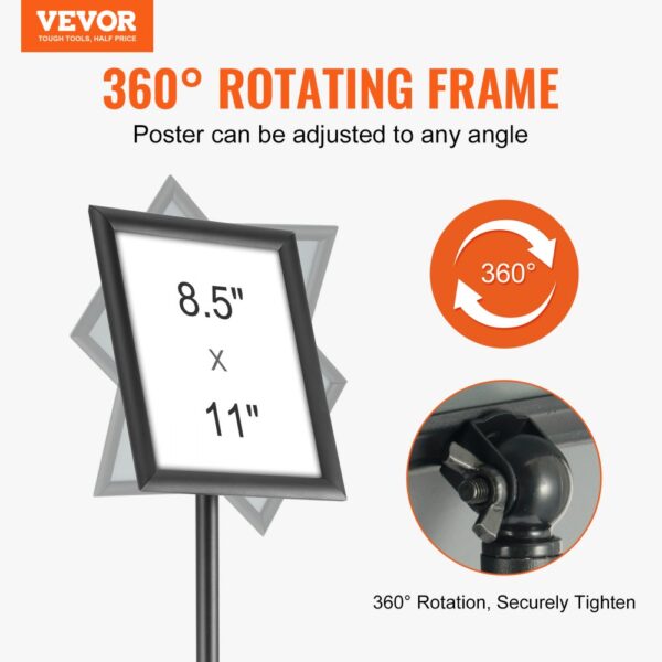 VEVOR pedestal sign holder with 360° rotating frame, adjustable for 8.5" x 11" posters.