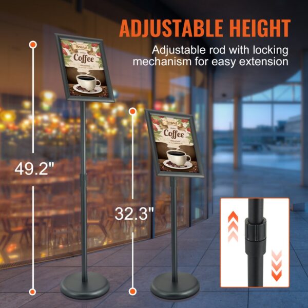 VEVOR pedestal sign holder with adjustable height, displaying a coffee sign in a café setting.