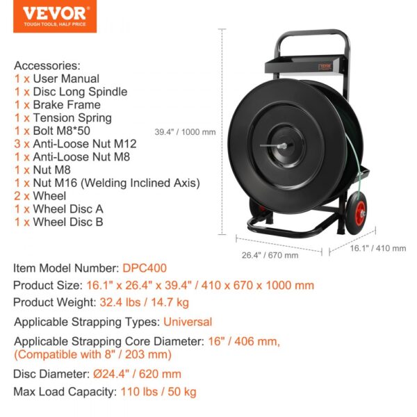 VEVOR Strapping Dispenser Banding Cart for PET/PP Strapping Roll 16"/8" Core