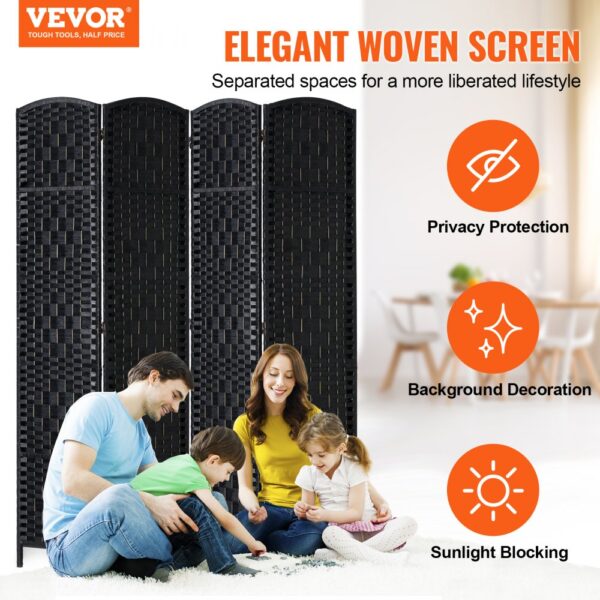 VEVOR 4 Panel Room Divider Hand-Woven Folding Privacy Screen with Hinges Black