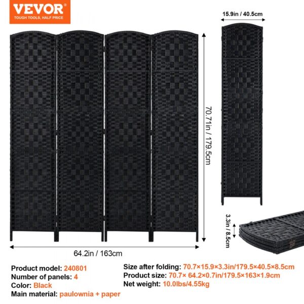 VEVOR 4 Panel Room Divider Hand-Woven Folding Privacy Screen with Hinges Black