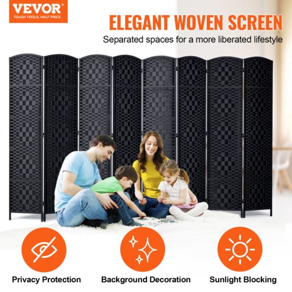 VEVOR 8 Panel Room Divider Hand-Woven Folding Privacy Screen with Hinges Black