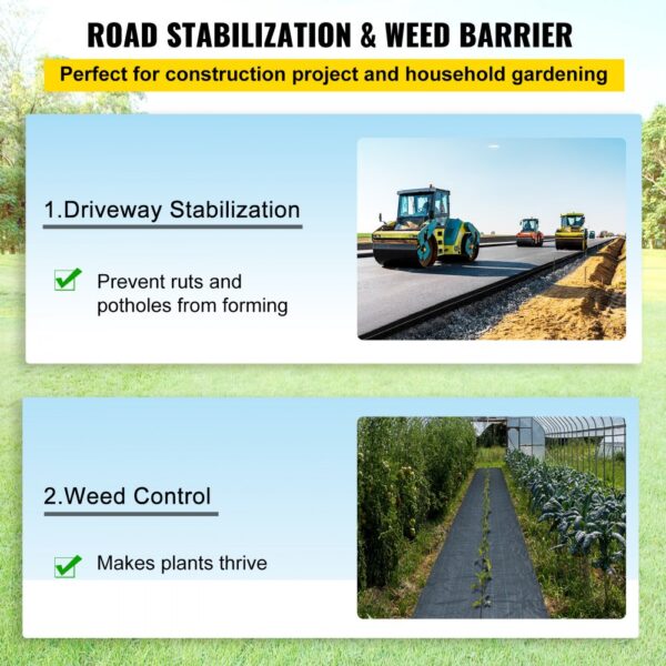 road stabilization & weed barrier with VEVOR geotextile fabric, ideal for gardening.