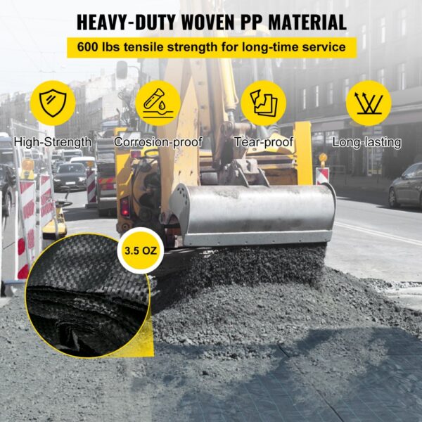 VEVOR geotextile fabric in road construction; high-strength, corrosion-proof, tear-proof.