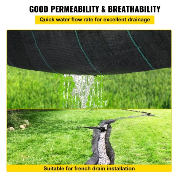 VEVOR geotextile fabric draped with gravel, showcasing good drainage and permeability.