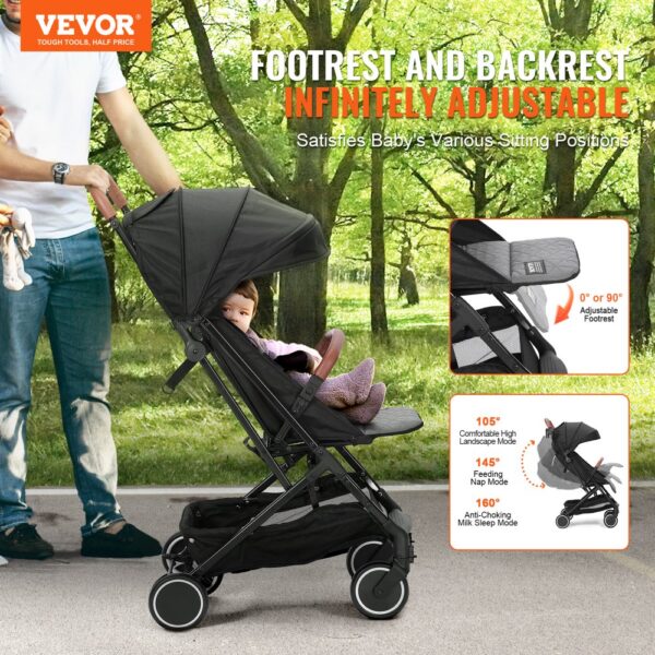 VEVOR Standard Baby Infant Stroller, Toddler Stroller with 95°-175° Adjustable Backrest & & 0/90°Adjustable Footrest & One-click Folding, Newborn Stroller with Cup Holder and Carry Bag, Black