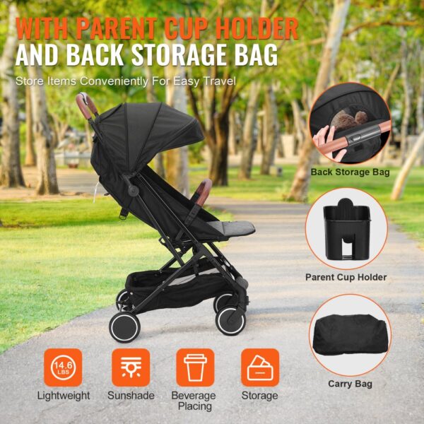 VEVOR Standard Baby Infant Stroller, Toddler Stroller with 95°-175° Adjustable Backrest & & 0/90°Adjustable Footrest & One-click Folding, Newborn Stroller with Cup Holder and Carry Bag, Black