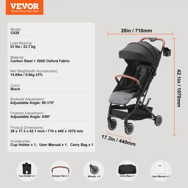 VEVOR Standard Baby Infant Stroller, Toddler Stroller with 95°-175° Adjustable Backrest & & 0/90°Adjustable Footrest & One-click Folding, Newborn Stroller with Cup Holder and Carry Bag, Black