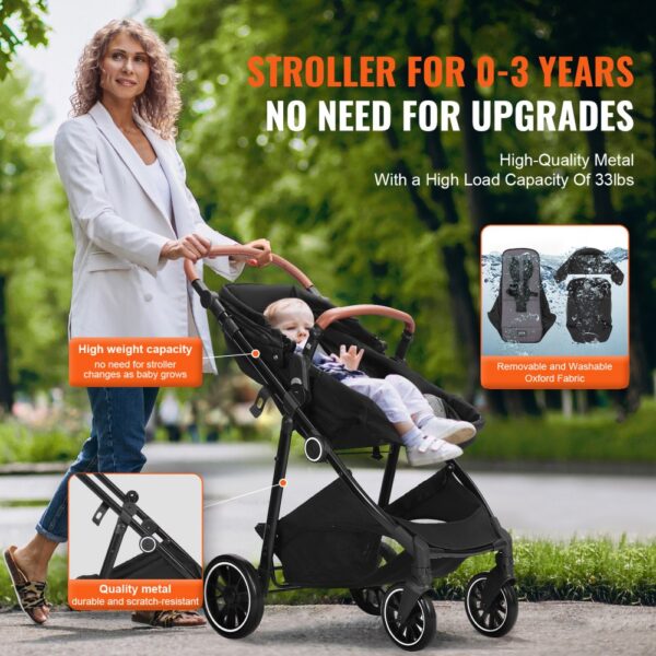 VEVOR Standard Baby Stroller, Infant Toddler Stroller with Bassinet, 3rd-Gear Adjustable Backrest & Foldable & Reversible Seat, Carbon Steel Newborn Stroller with Leg Cover and Mesh Net, Black