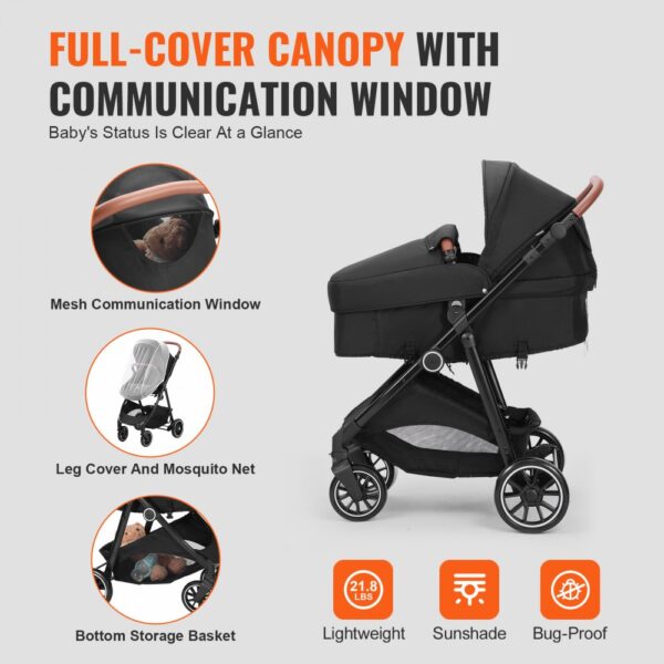 VEVOR Standard Baby Stroller, Infant Toddler Stroller with Bassinet, 3rd-Gear Adjustable Backrest & Foldable & Reversible Seat, Carbon Steel Newborn Stroller with Leg Cover and Mesh Net, Black